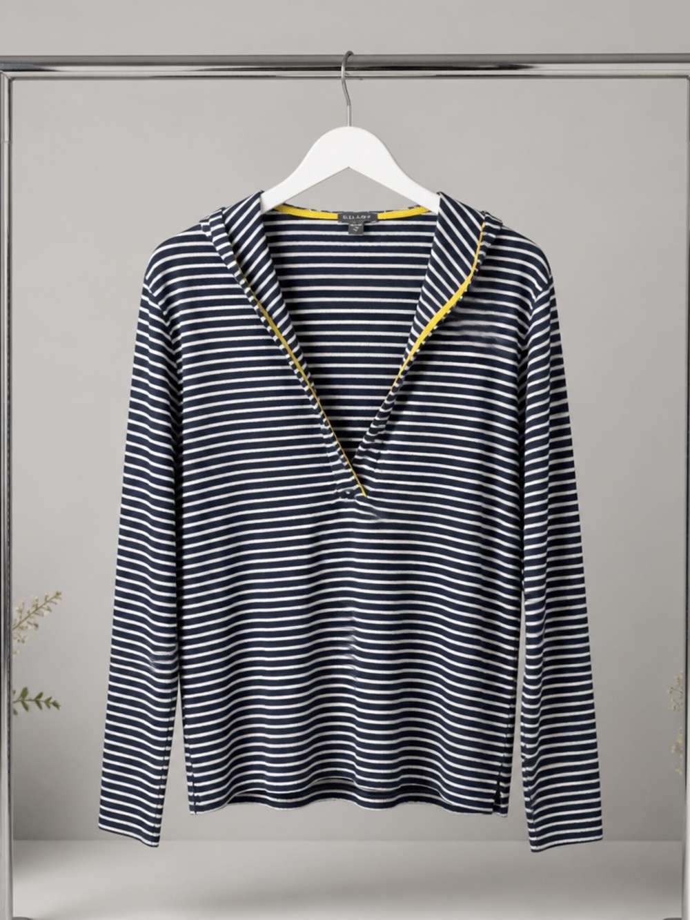 Lilla P Navy and White Striped Hooded Pullover with Yellow Trim